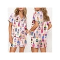 thumbnail image 3 of Aojekbee Women’s 2 Piece Pajamas Set Short Sleeve Champagne Print Button Up Shirt + Shorts Set Home Clothes, 3 of 10