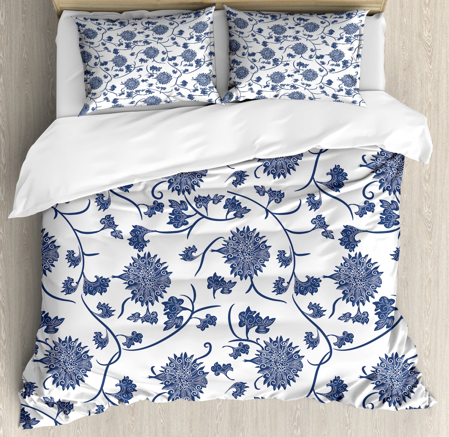 Blue Duvet Cover Set Chinese Floral Garden Pattern Nature