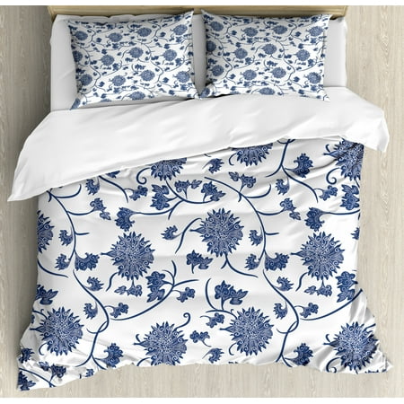 Blue Duvet Cover Set Chinese Floral Garden Pattern Nature