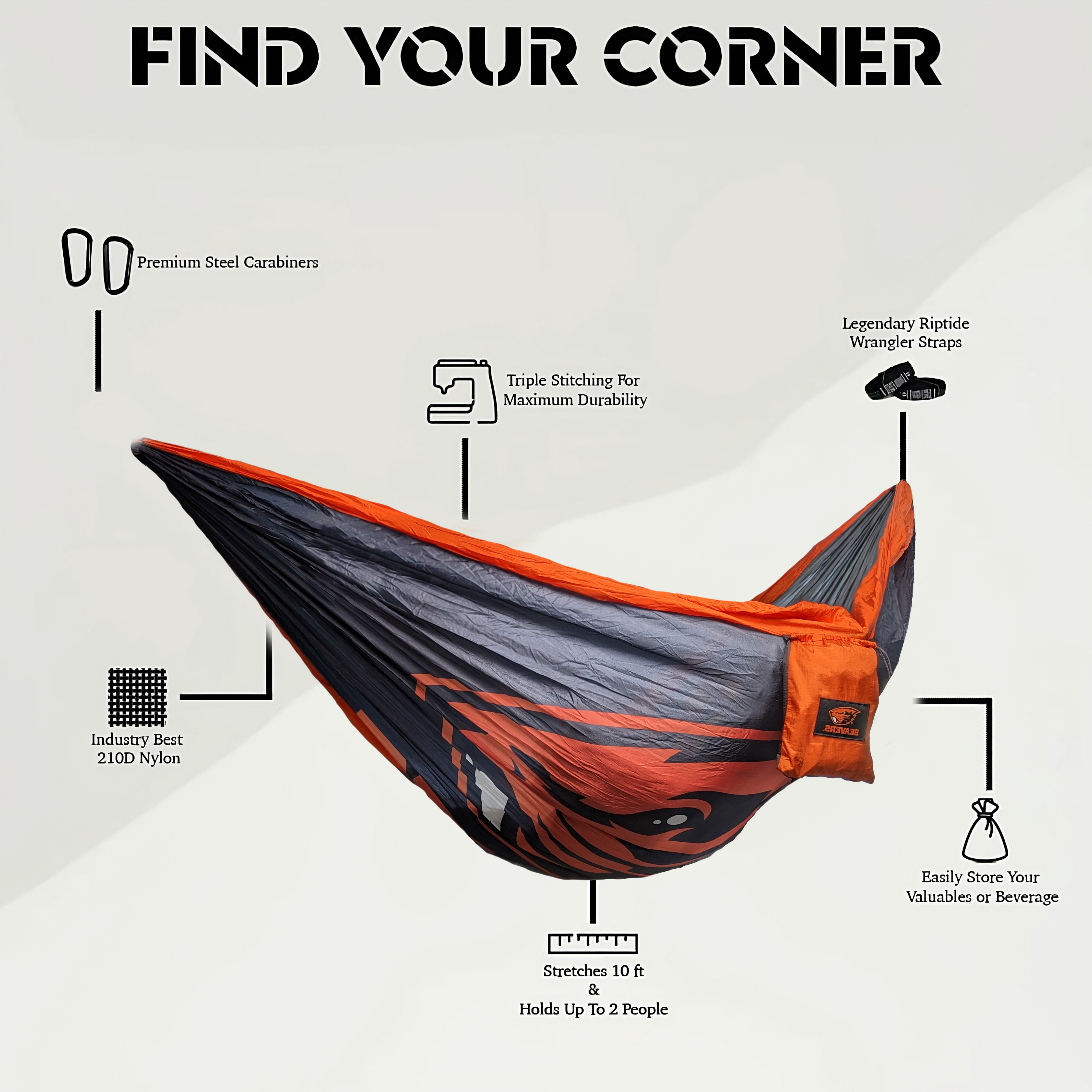 Rincon Official Oregon Beavers Hammock - Portable Hammock Single or Double Hammock, Indoor & Outdoor w/Tree Straps Camping Hammock
