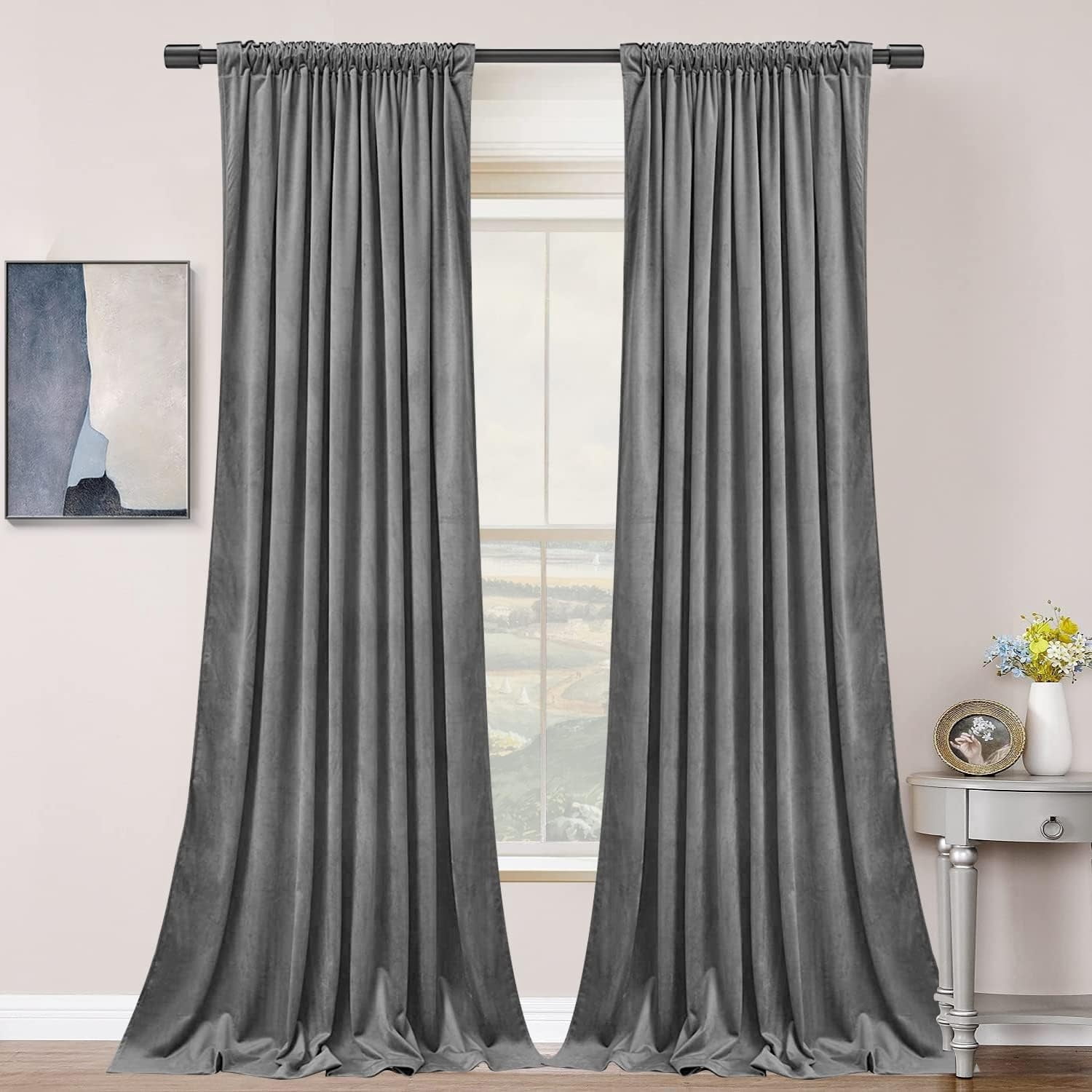 Velvet Curtains with Back Tab and Rod Pocket Soft Privacy Light Filtering Velvet Drapes for Bedroom and Living Room, Set of 2 Panels