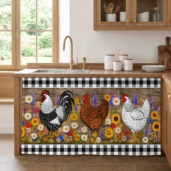 Farm Hen Cabinet Curtains 32"Wx55"L, Country Farmhouse Rooster Sunflower Daisy Black White Plaid Under-Desk Privacy Dust Proof Drape Dishwasher Curtain Sink Skirt for Kitchen Closet Bathroom Laundry