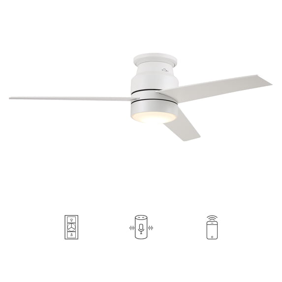 Trifecte 52" 3 Blades Flush Mount Smart White Ceiling Fan with Wall Control, Light Kit