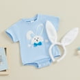 thumbnail image 2 of Okbabeha Newborn Baby Boy Girl Easter Outfit Fuzzy Embroidered Romper Short Sleeve Bodysuit Jumpsuit with Bunny Ears Headband, 2 of 9