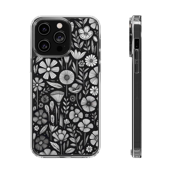 DistinctInk Hybrid (Acrylic / TPU) Clear Slim Fit Case for Apple iPhone 15 Pro MAX (6.7" Screen) - Whimsical Garden: Hand-drawn Cartoon Flowers