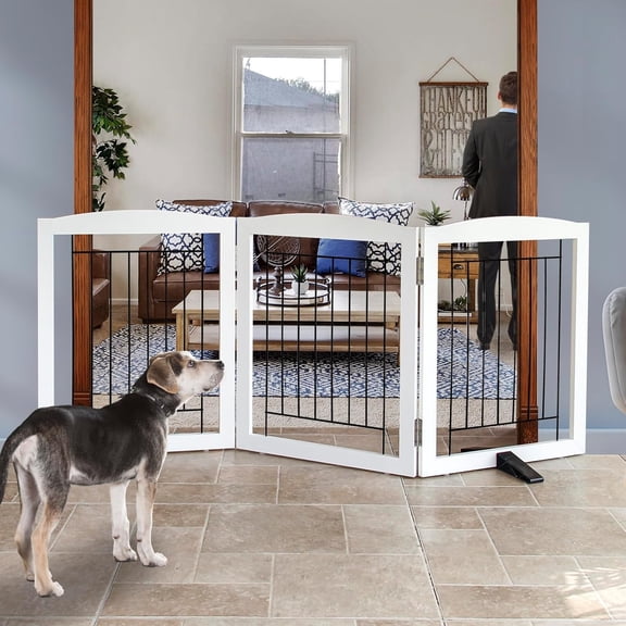 Freestanding Dog Fence Indoor, Foldable Dog Gate for Doorways, Stairs or Hallways, Sturdy Wood Extra Wide Pet Gate with Support Feet for The House, White, 24 "Height-3 Panels