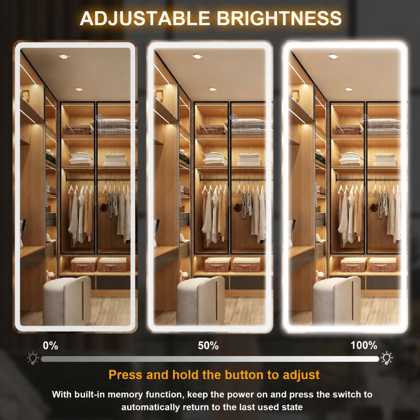Easy4Home 71" x 30" LED Rectangular Full Length Mirror with Adjustable Lights Standing Mirror Wall Mounted, White