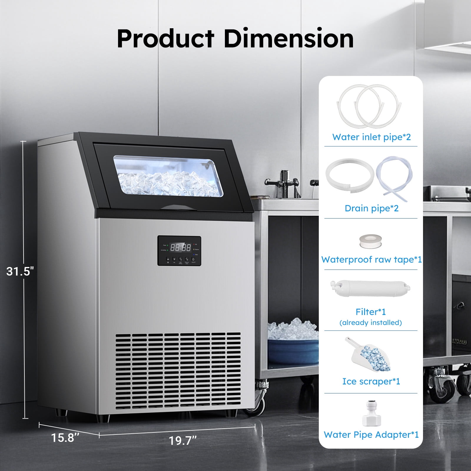 Commercial Ice Maker 150 lbs./24 H Freestanding Stainless Steel Ice Maker Full Size Cubes with 33 lbs. Storage