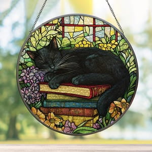 Black Cat Floral Books Glass Suncatcher Sleeping Cat Window Hanging Book Lover Gift Cat Lovers Gifts Bookish decor Cat Mom 7.9 in