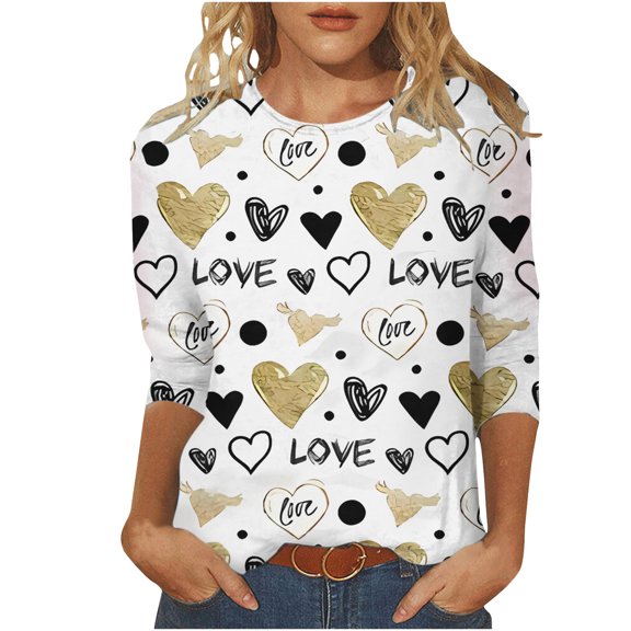 BangWanChi Women's Fashion Tees Casual Crewneck 3/4 Sleeve Loose T Shirt Ladies Tops Blouses Shirts