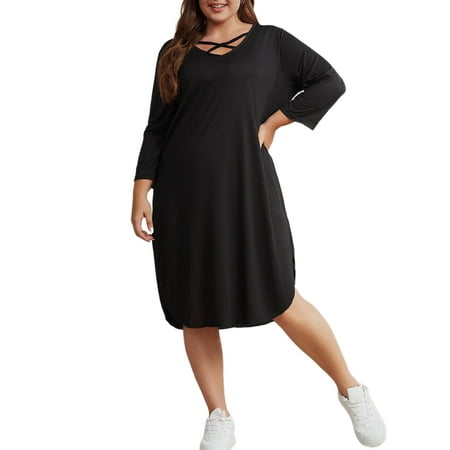 

Nightgowns for Women Plus Size Soft Pajama Dress V Neck 3/4 Sleeve Nightshirts XL