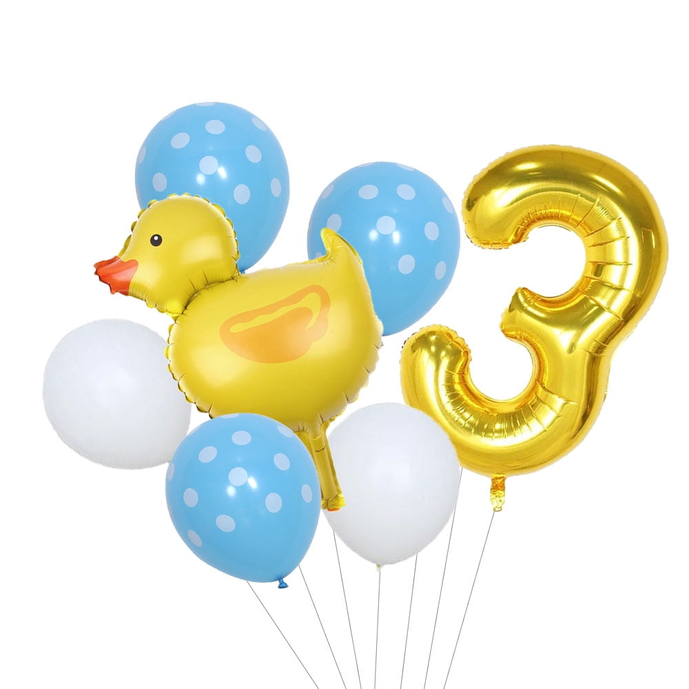 Small yellow duck-shaped floating air balloon sets with digital balloons for birthday party decoration.