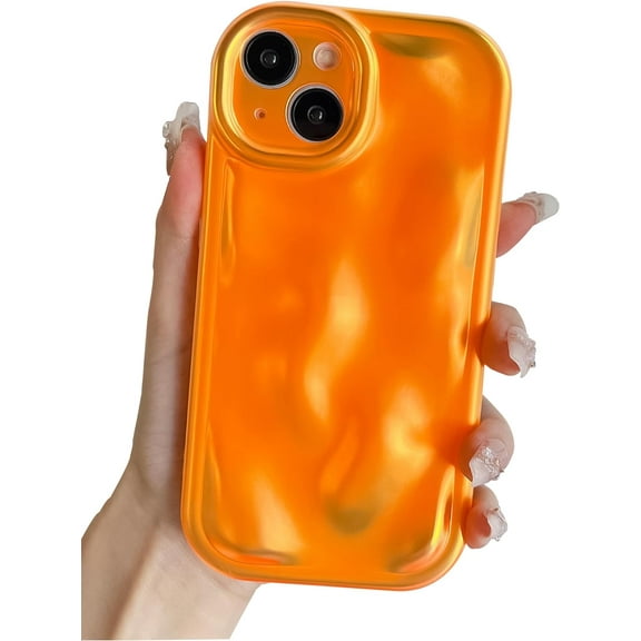 for iPhone 13 Case, 3D Laser Water Ripple Pattern Wavy Shockproof Soft Phone Case, Cute Bling Curly Wave Shape Cover for Women Girls iPhone 13 Case, Fluorescent Orange