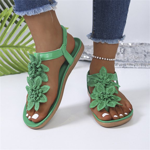 Domuza Women's Floral Thong Sandals, Elastic Ankle Strap Comfortable Non-Slip Flat Shoes for Summer Casual Wear Green 7(EU-38)