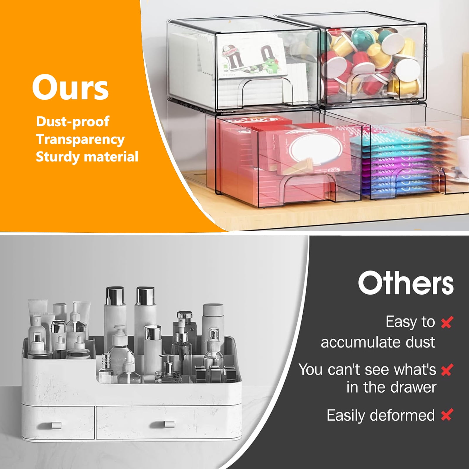 Kisportee 4 Pack Stackable Makeup Storage Drawers, 4.4'' Tall Clear Bathroom Makeup Cosmetics Organizer, Plastic Storage Bins for Vanity, Undersink, Kitchen Organization