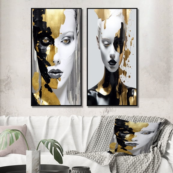 Designart "Exquisite Glamour Gold Portrait of a Young Woman VIII" Fashion Woman Framed Wall Art Set Of 2 - Glam Gold Frame Gallery Set For Office Decor