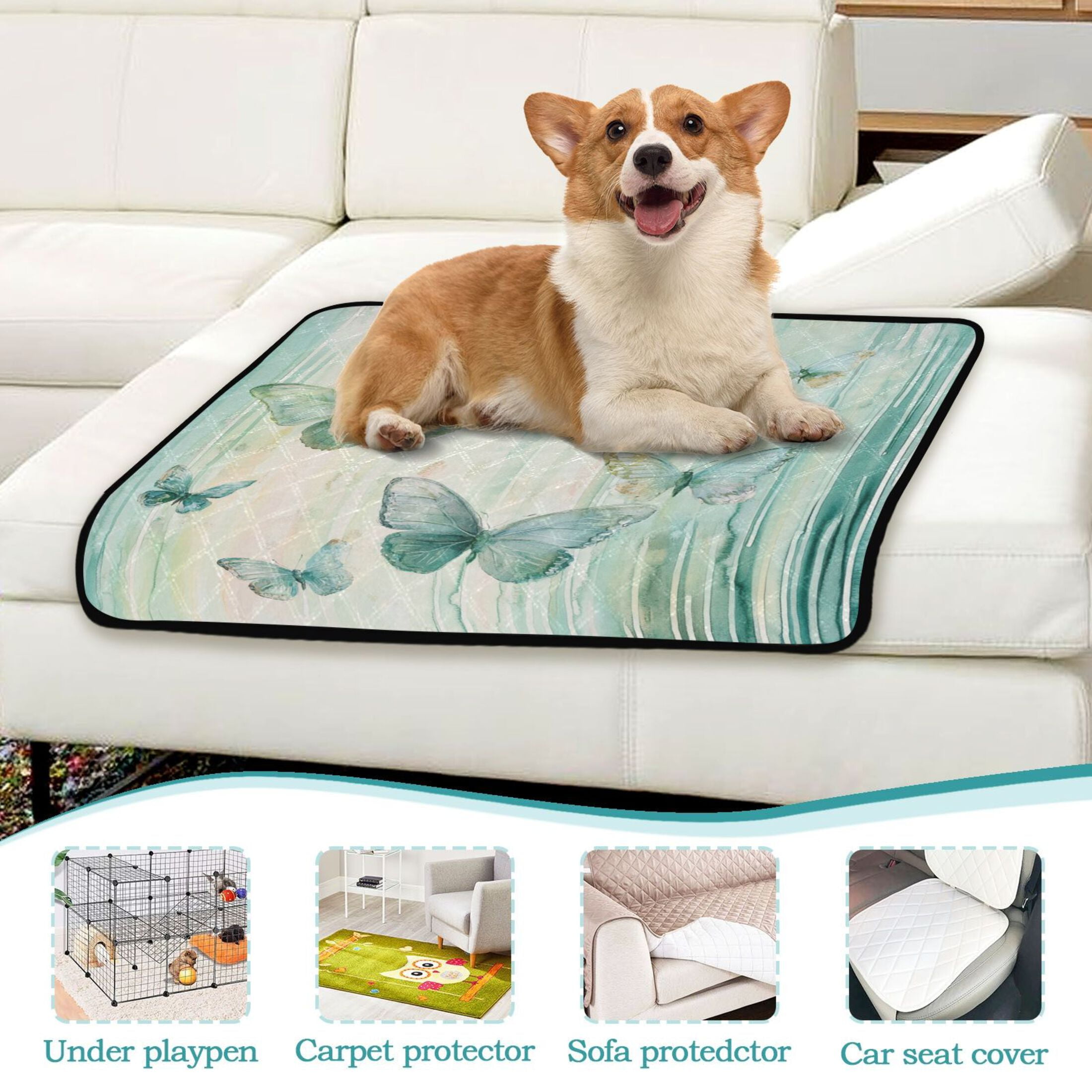 Qxltty Light Green Butterfly Cat litter Pads Pet Set of 3 Diaper Mats Center Anti-leakage Layer Absorbent Soft and Comfortable