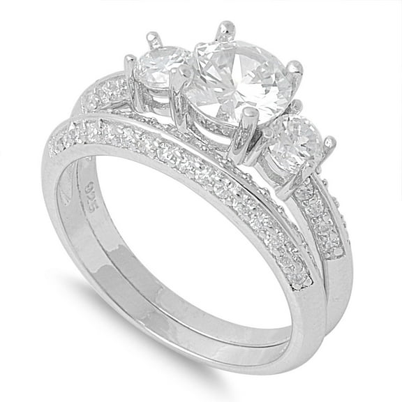 Set of 2 Three Round Center Cubic Zirconia Ring Wedding Set Sterling Silver 925