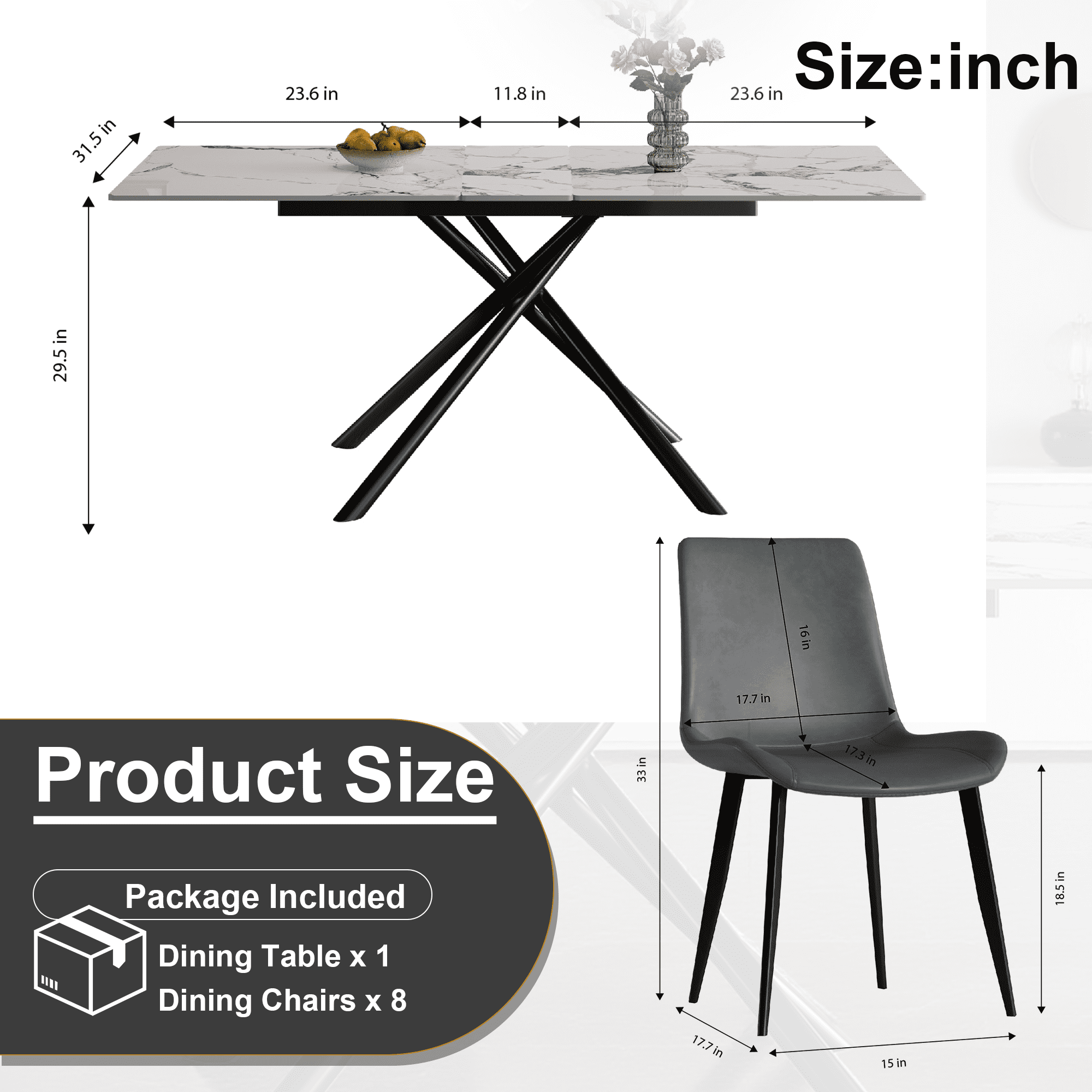 Montary 59-inch Modern Rectangle Expandable Dining Table with Retractable Leaf, Sintered Stone Top & Black Carbon Steel X-Base, Dining Table Set with 8 Gray PU Chairs for Apartments, Kitchen