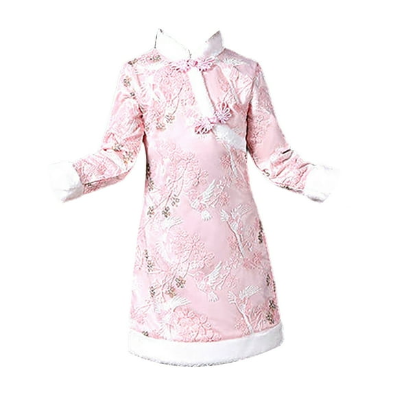 Otqutp Toddler Girls Traditional Chinese Cheongsam 𝗧ang Suit Plush Trim Flower Embroidery New Year Dress Coat Retro Qipao