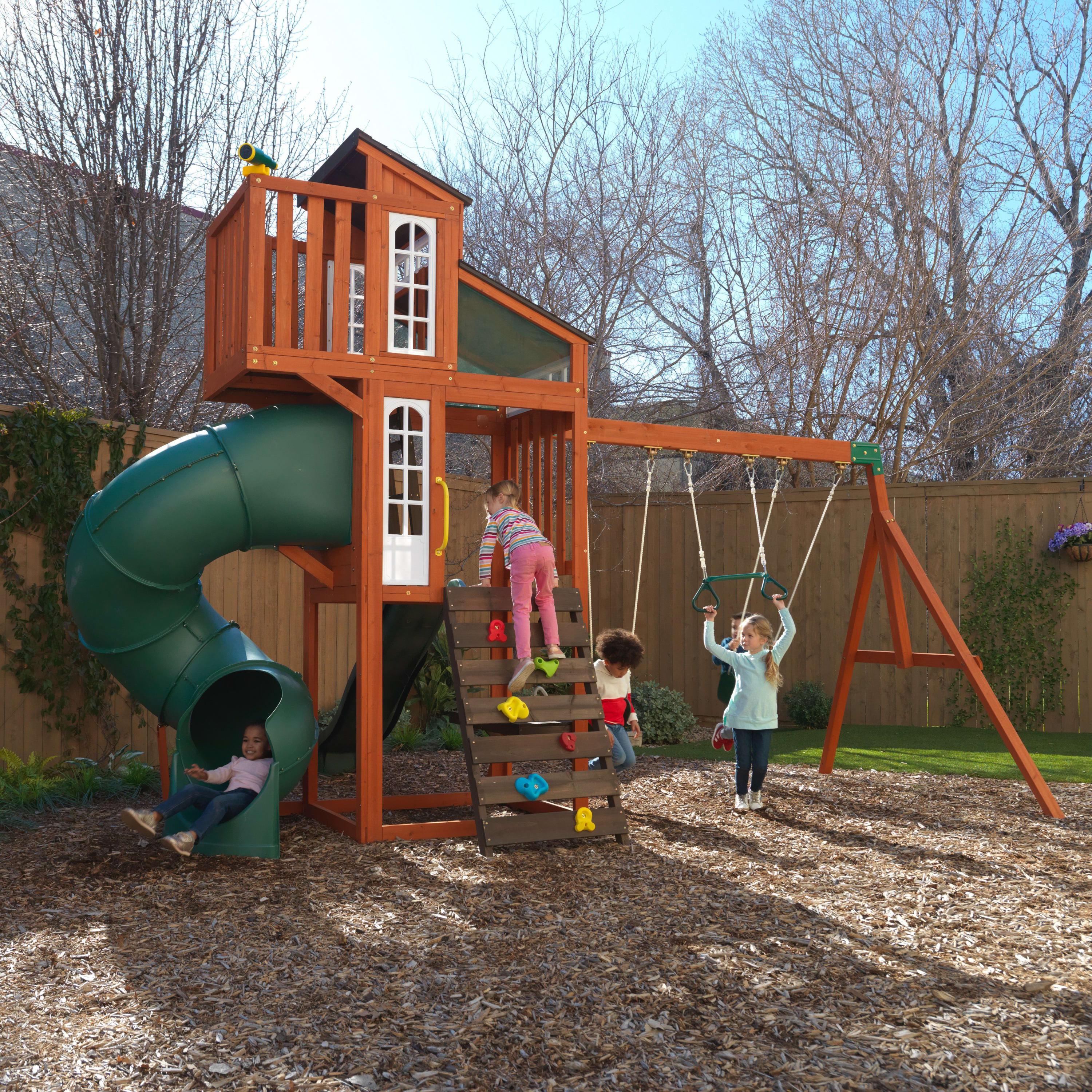 KidKraft Austin Wooden Outdoor Swing Set with Slides, Swings, Kitchen and Rock Wall - image 8 of 27