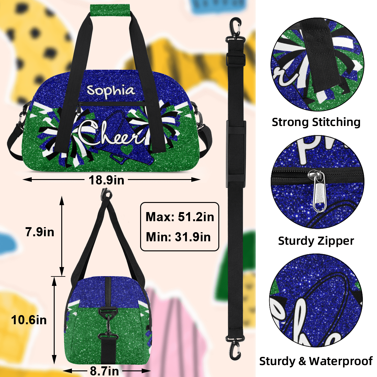 Jiaoprinted Personalized Sport Duffel Bag, Custom Cheer Dance Bag with Name, Customized Sport Gym Bag for Cheerleaders, Travel Duffle Bag for Women, Blue Green Glitter