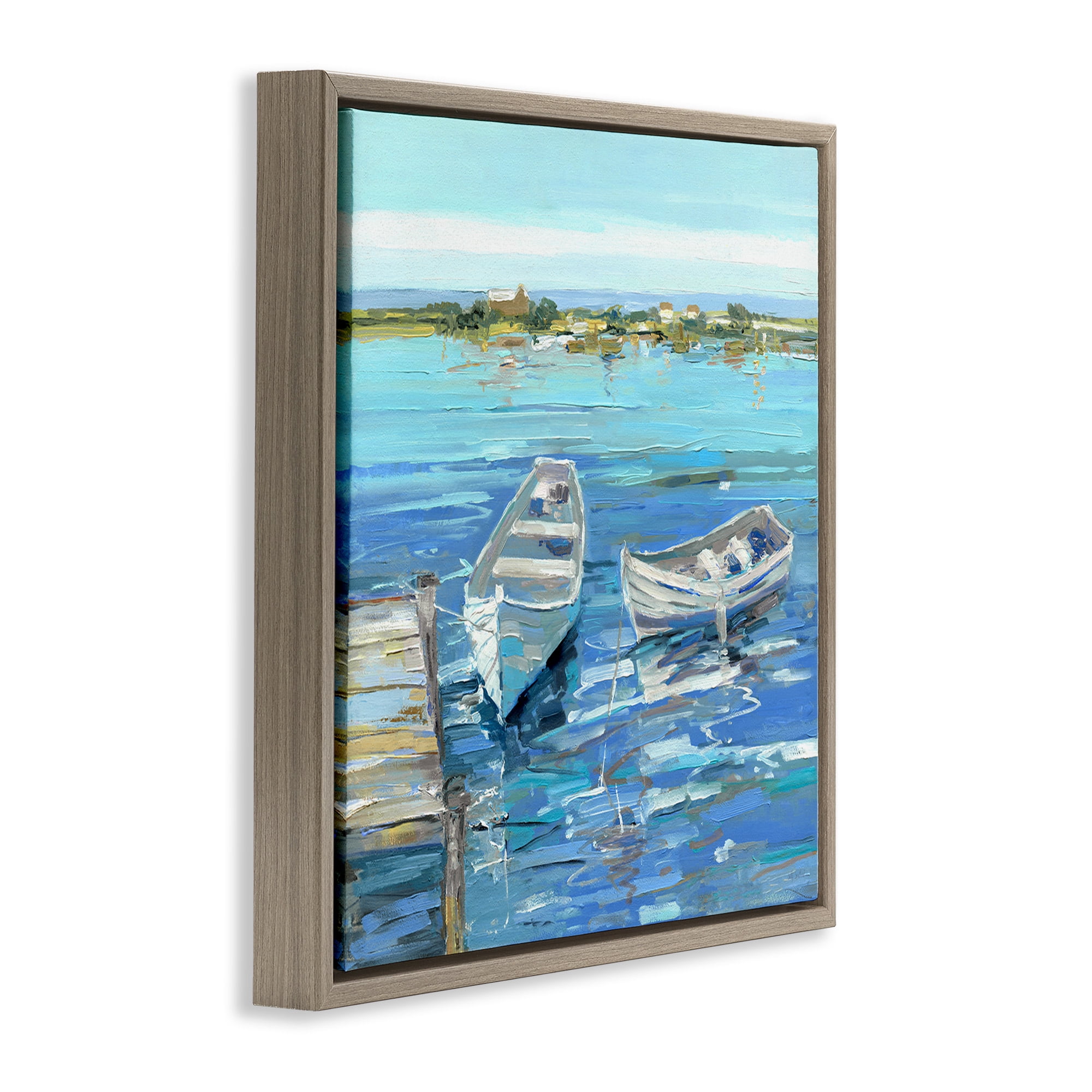 Stupell Industries Serene Rowboats at Dock Nature Painting Brown Floater Framed Canvas Art Print Wall Art, 25 x 25