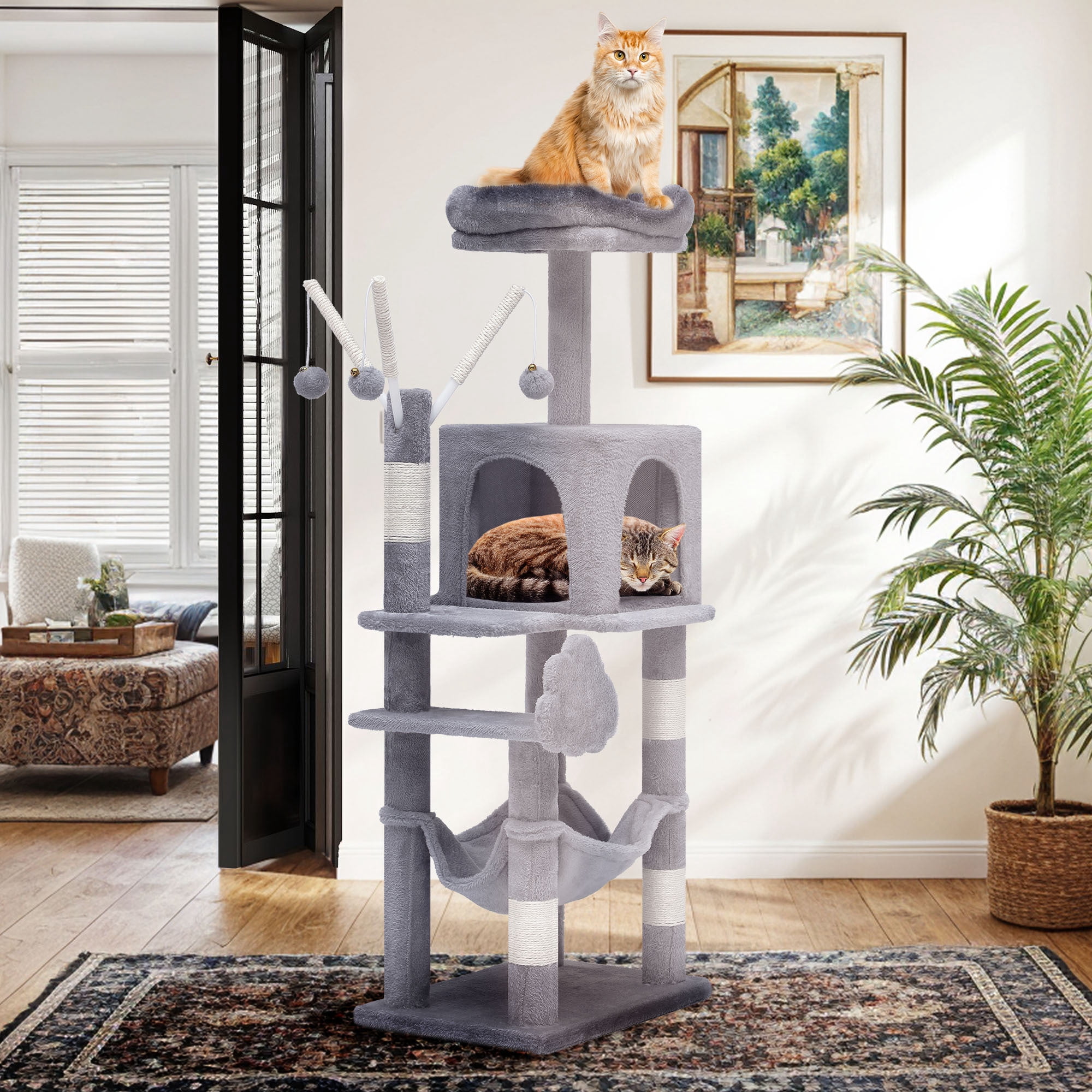 Uforic 44" Cat Tree Tower with Scratch Posts, Condo, Hammock & Toys, Light Gray