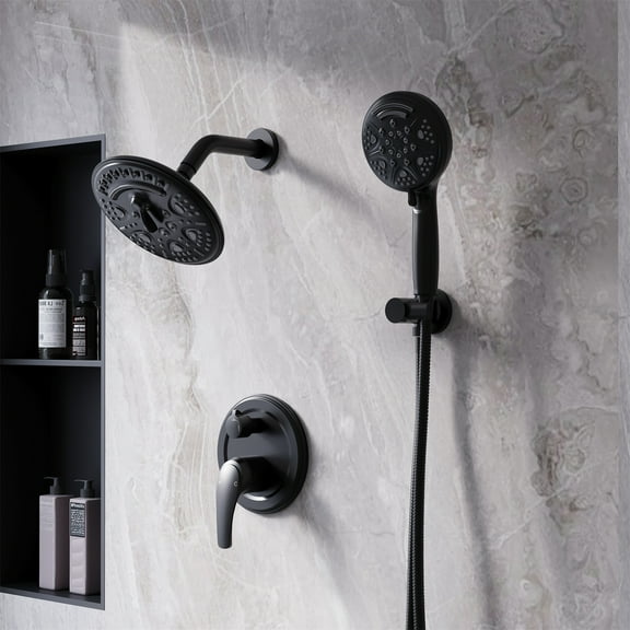 ANGELES HOME 8 Inch Shower Faucet Set, 6-Setting Head Shower System with 9-Spray Round Hand Shower, Matte Black