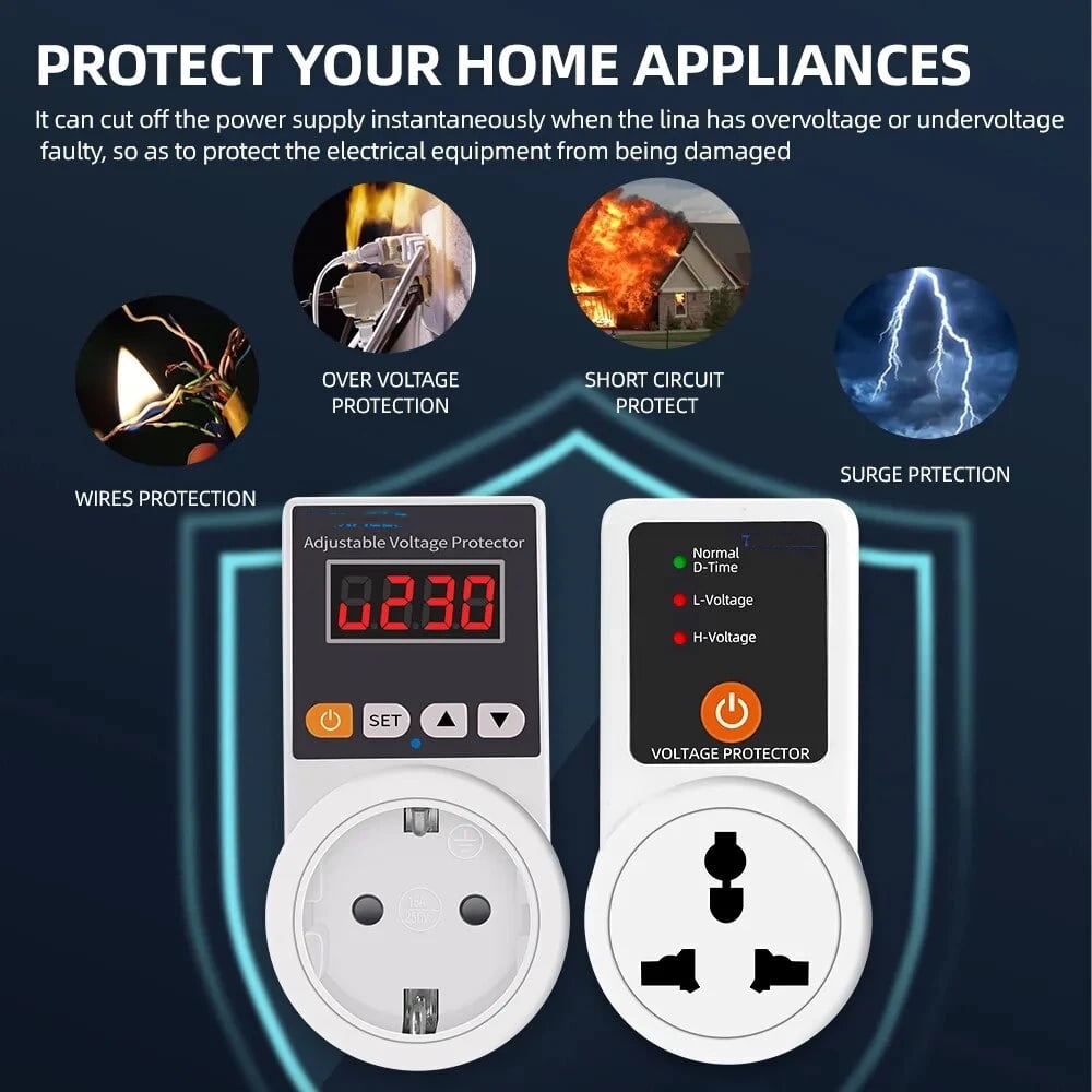 Automatic Voltage Protector Socket Adjustable Power Surge Protector Universal/US/EU/UK Plug Voltage Safe Protection Device AC 220V 16A