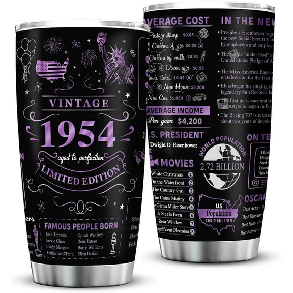70th Birthday Gifts for Women Men Friends Vintage 1954 Tumblers 70 Year Old Birthday Supplies Back in 1954 Old Time Information Stainless Steel Vacuum Insulated Tumblers 20 oz
