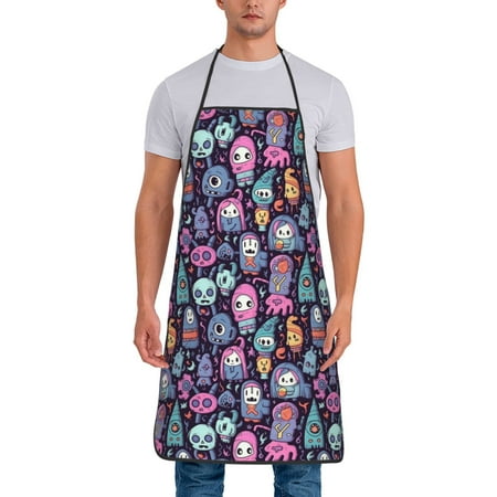 

Xecao Funny colorful skull ghost Print Funny BBQ Chef Aprons for Men Women Adjustable Kitchen Cooking Aprons with Pocket Waterproof Oil Proof No Pilling Fading