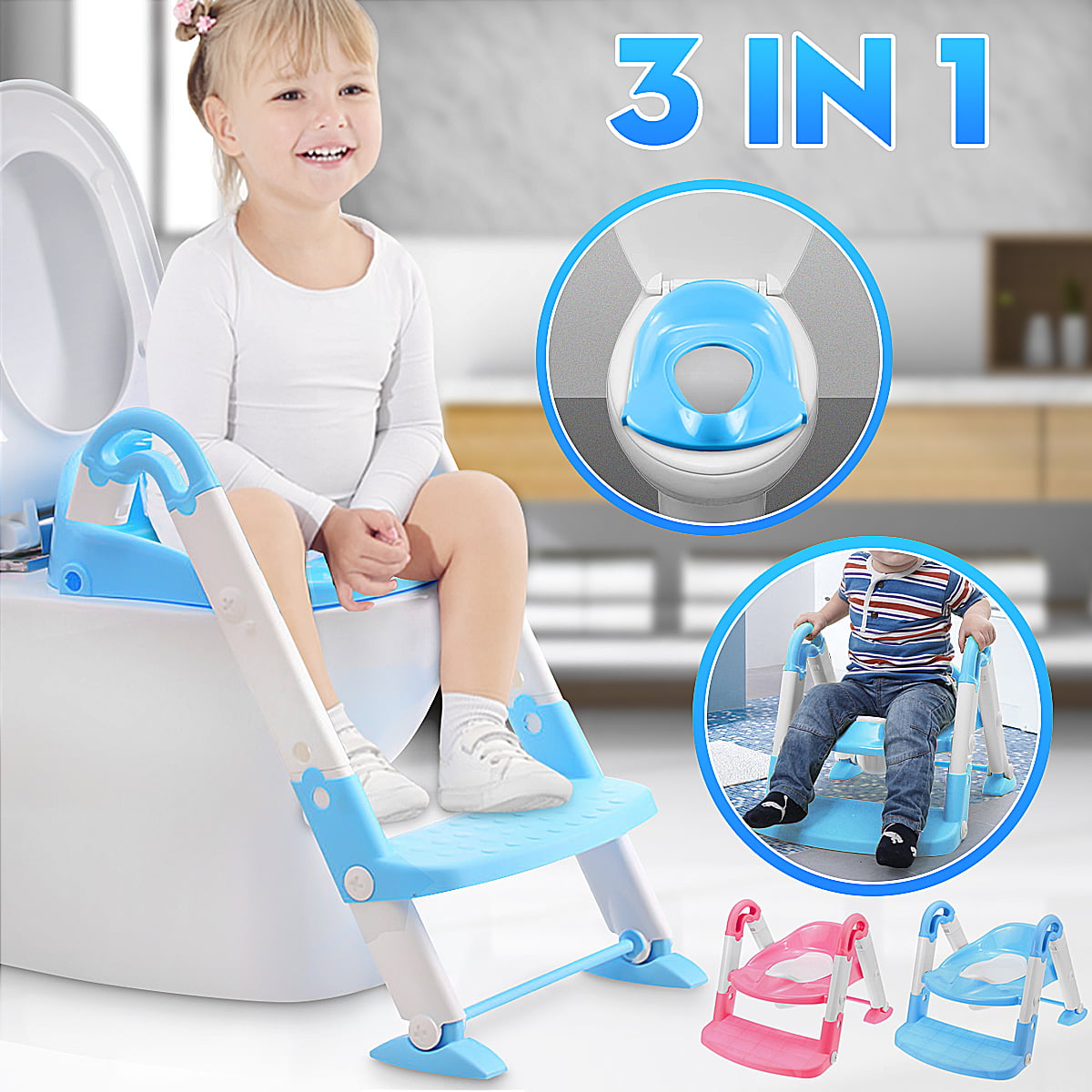 Potty Toilet Trainer Seat with Step Stool Ladder, Adjustable Trainer with Handles & Soft Cushion for Kids Toddlers 3 in 1 