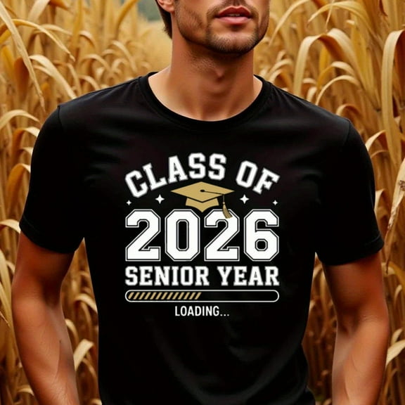 Men'S Class of 2026 Graduation T-Shirt - Black with Golden Lettering, "Senior Year Loading..." Design, Cotton, Crew Neck, Short Sleeve, Regular Fit, Casual Wear for All Seasons, Graduation Apparel |