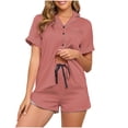 thumbnail image 3 of lcziwo Womens Pajamas Satin Loose Solid Color Short Sleeve Shirt and Drawstring Short Two Piece Set Summer Holiday Pajama Outfit Watermelon Red S, 3 of 7