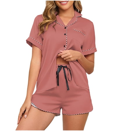 Women s Silk Satin Pajama Set Soft Short Sleeve Button Down Shirt Shorts Sleepwear Lounge 2 Piece Nightwear Pjs (M Watermelon Red)