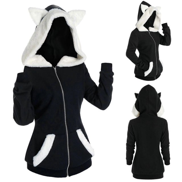 Fashion Plush Cat Ears Hooded Jacket For Women Casual Sweatshirt Zipper Coat Streetwear