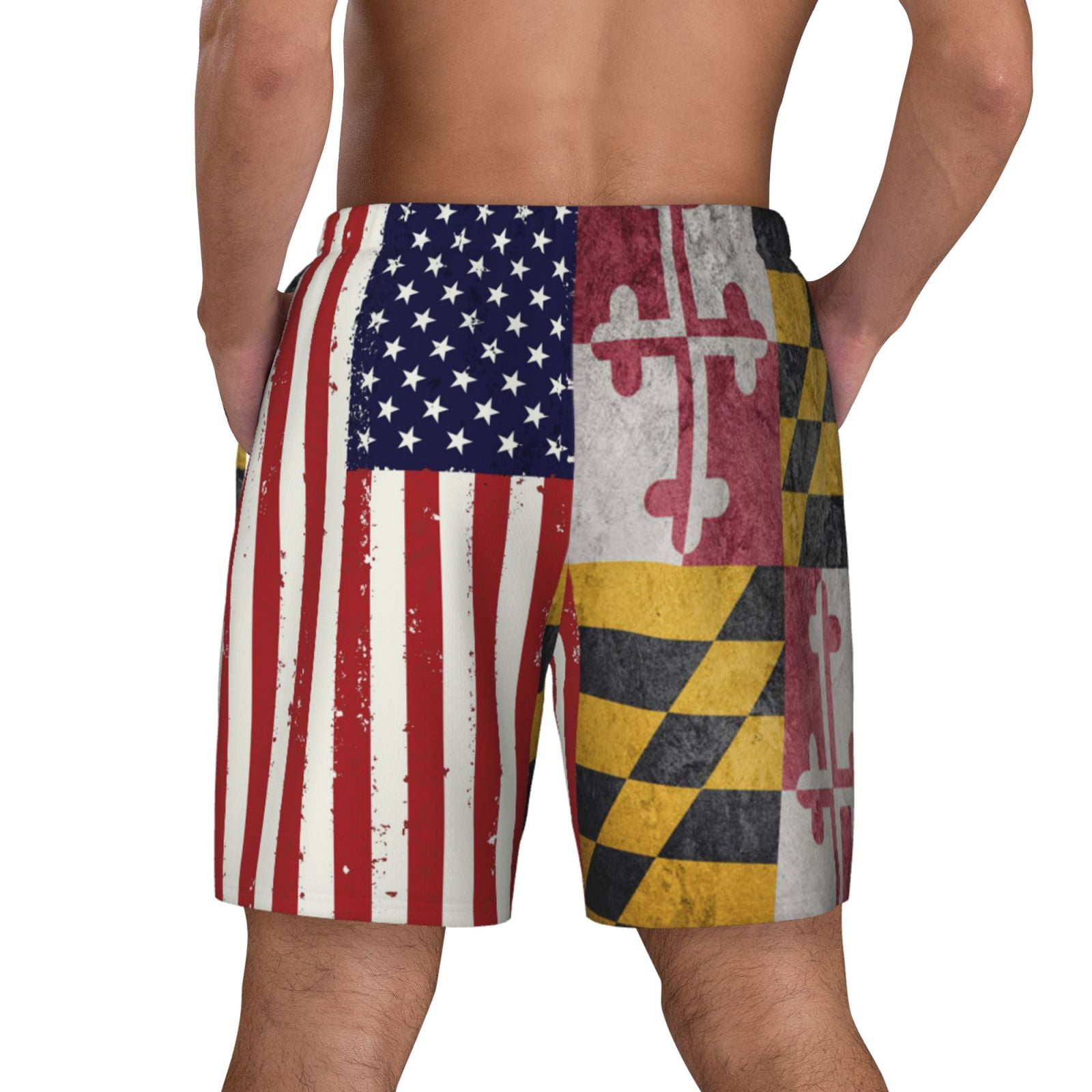Men's Grunge America Maryland Flag Swim Trunks with Compression Liner Bathing Suit Swimwear