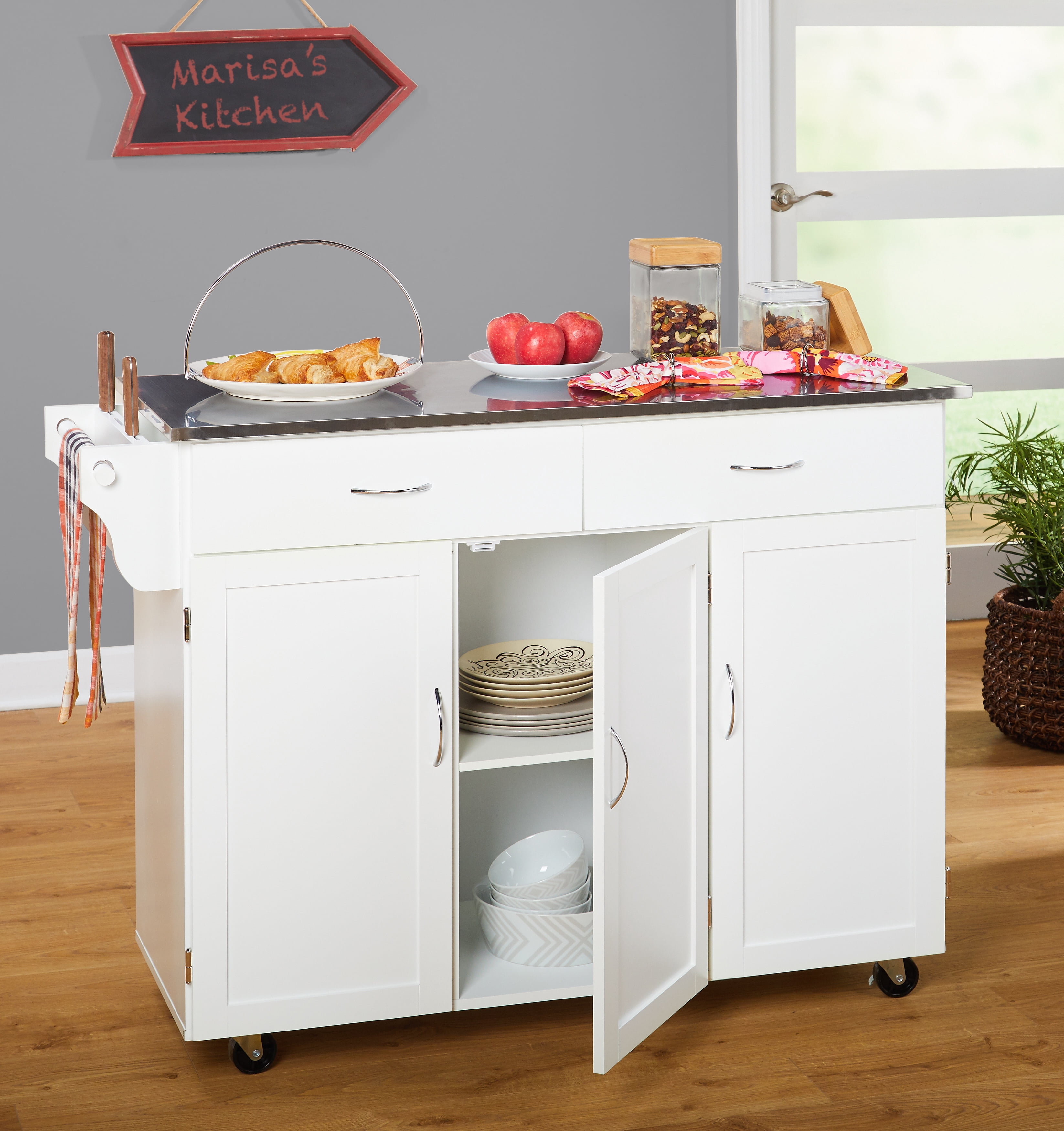 TMS Extra Large Rolling Kitchen Cart with Stainless Steel Top, Cabinets, Drawers, Adjustable Shelf, and Knife Block, White