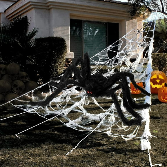 Molumo Halloween Decorations - 295" Halloween Spider Web Decorations Outdoor 59" Giant Fake Spider with Triangular Huge Spiders Web - Scary Decor for Yard, Patio, Garden, Haunted House Décor