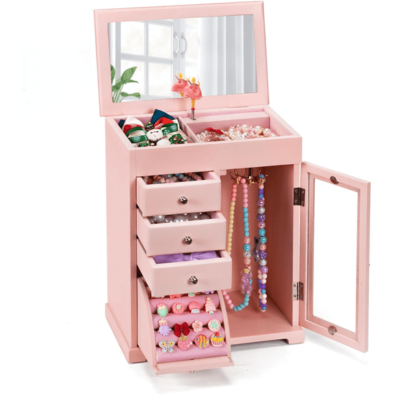Sfugno Musical Jewelry Box for Girls, 5 Layer Kids Jewelry Box with Spinning Dancer Gifts for Rings Earrings Necklaces Bracelets,Pink