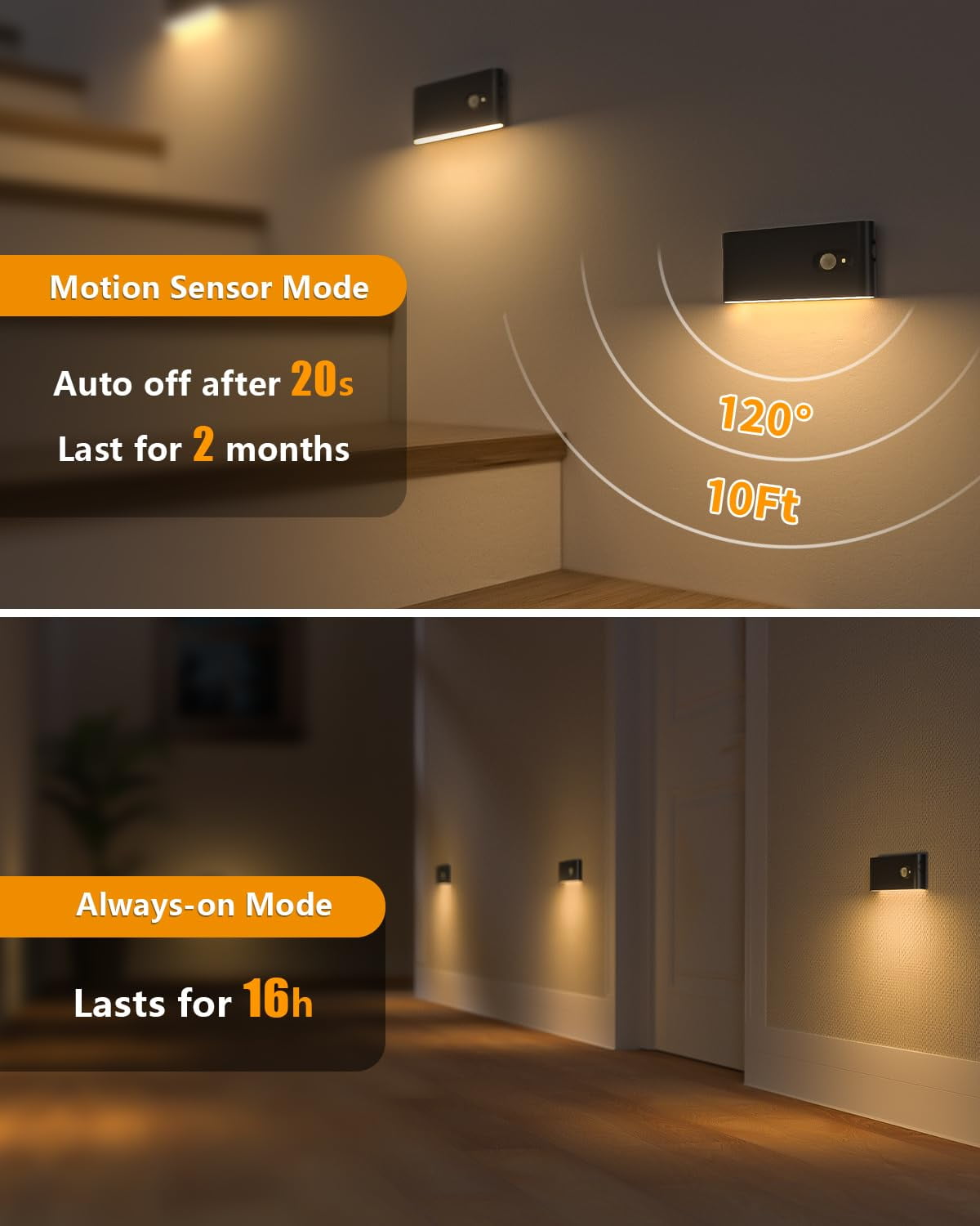 WILLED Stair Lights Indoor, Rechargeable Motion Sensor Night Lights, Battery Operated, Warm White, Wireless Stick on Light for Hallway Entry Stairs Bathroom Kitchen Garage Laundry, 3 Pack