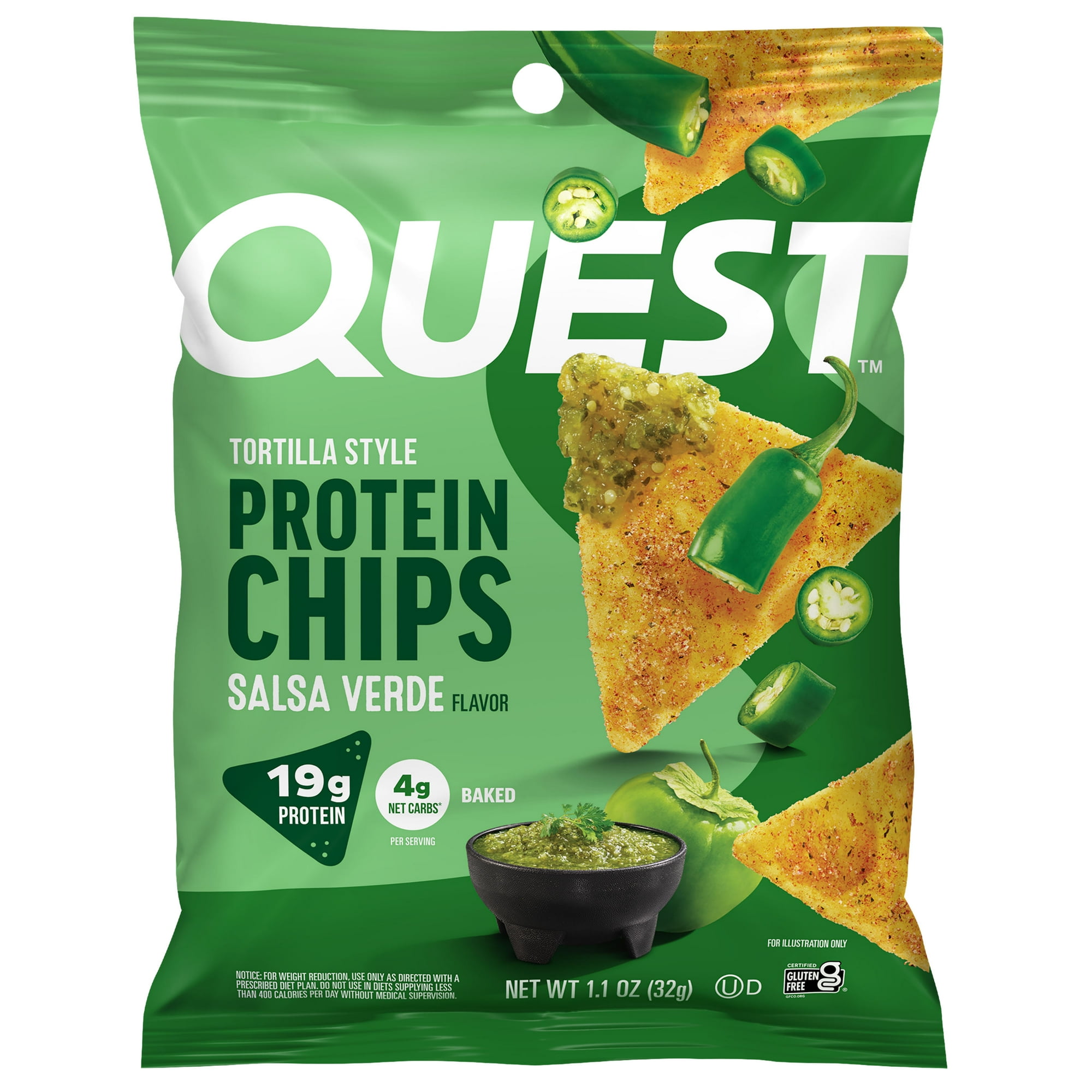 Quest Salsa Verde Flavor Tortilla Style Protein Chips, High Protein, Baked, Gluten Free, 1.1oz Bag, Single