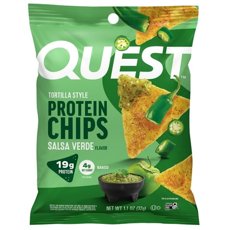 Quest Salsa Verde Flavor Tortilla Style Protein Chips, High Protein, Baked, Gluten Free, 1.1oz Bag, Single