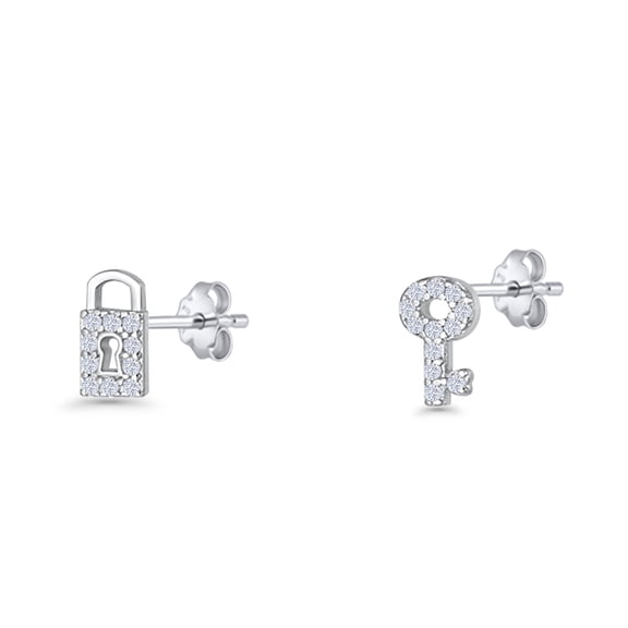 Lock & Key Stud Earrings CZ 925 Sterling Silver 7.2mm