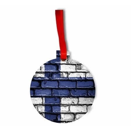 Finland Ribbons - Finland Brick Wall Print Flag Hanging Hardboard Round Shaped Tree Ornament - (Flat) - Holiday - Christmas - Tm - Made in the USA