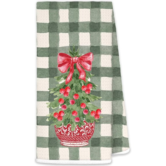 2PCS Red Buffalo Plaid Chinoiserie Christmas Kitchen Towels, Coquette Red Bow Christmas Tree Decorative Hand Towels for Bathroom Kitchen, Xmas Dish Tea Towel, 16x24 inch