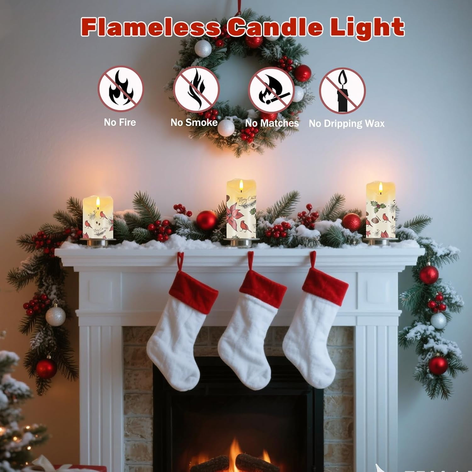 Christmas Flameless Candles, Set of 3 Flickering Red Cardinal LED Candles with Remote & Timer, Dimmable Real Wax Electric Pillar Candles Battery Operated for Home Christmas Decor