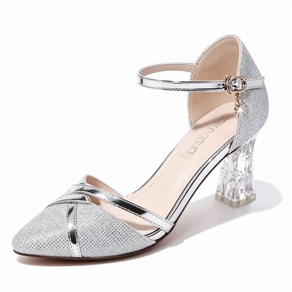 CHICVOMEY Womens Block Heel Pointed Toe Heels Adjustable Ankle Strap Comfy Party Shoes Breathable Sparkle Mesh Upper Dress Shoes for Club Stage Birthday Cocktail Party Wedding