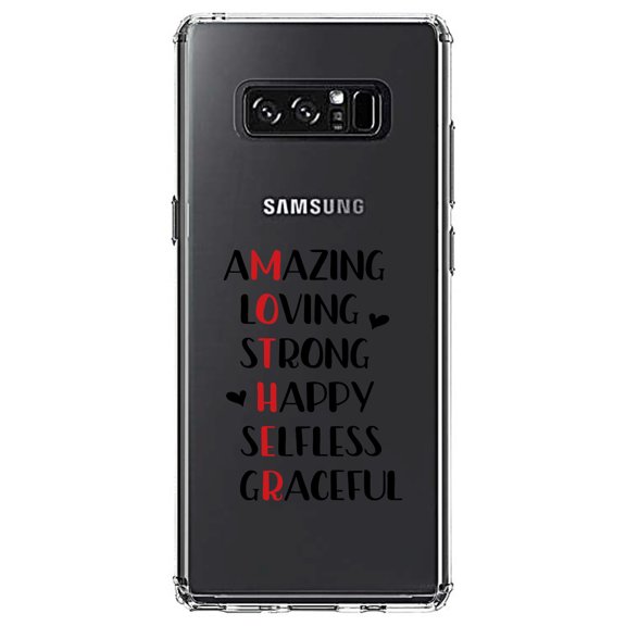 DistinctInk Clear Shockproof Hybrid Case for Samsung Galaxy Note 8 - TPU Bumper Acrylic Back Tempered Glass Screen Protector - Mother Word Art - Amazing, Loving, Strong